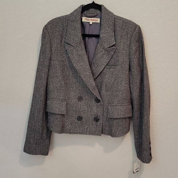 Free People Wool Blend Double Breasted Crop Jacket Blazer Size L - Picture 1 of 10